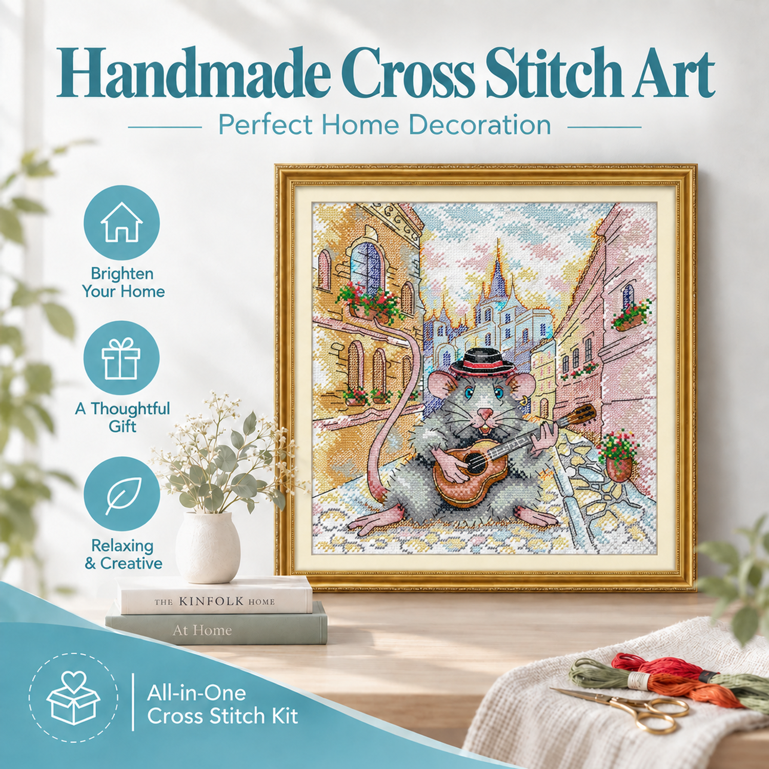 The Little Mouse That Plays the Guitar Cute Animal Cross Stitch Embroidery Kit, Lovely Creature Pattern, DIY Handmade Art for Home Wall 7 1 34