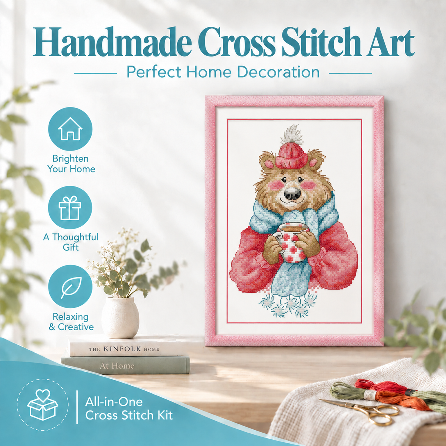 Little Bear Hot Coffee Animal Cross Stitch Embroidery Kit for Adult Beginners, Timeless Wildlife Creature Art, Complete DIY Needlework Set, Home Wall Art Decor 8 1 341