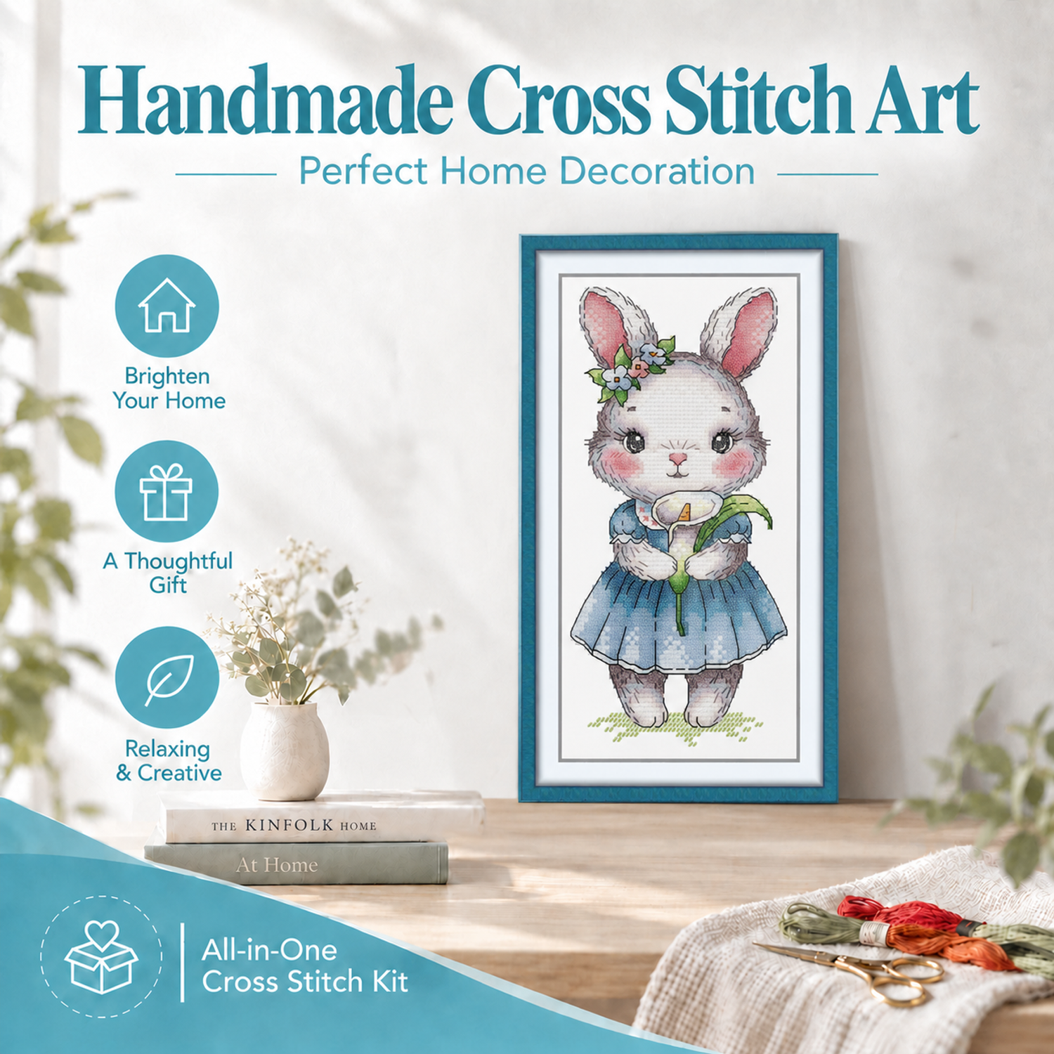 Rabbits and Calla Lilies Animal Cross Stitch Kit, Sweet Wildlife Composition, Relaxing Handmade Hobby 8 1 344