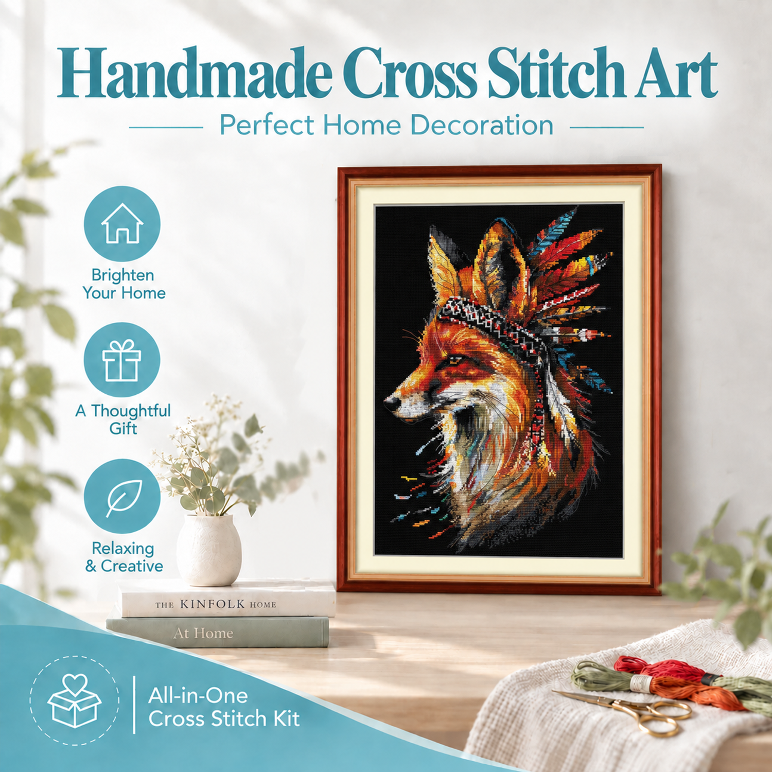 Indian Fox Animal Cross Stitch Embroidery Kit, Complete Needlework Supply Set, Beginner Kit 8 1 352