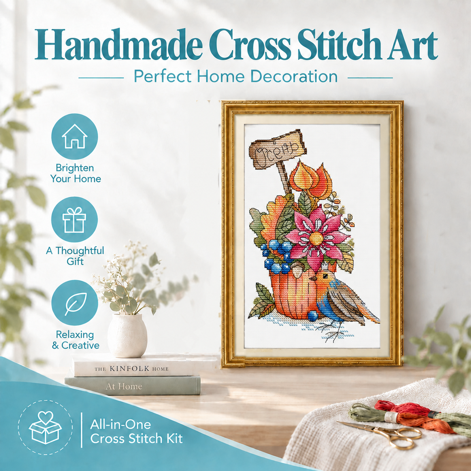 Bird and bouquet Warm Tone Wildlife Animal Cross Stitch Embroidery Kit, Cozy Creature Scene, Adult Craft 8 1 358