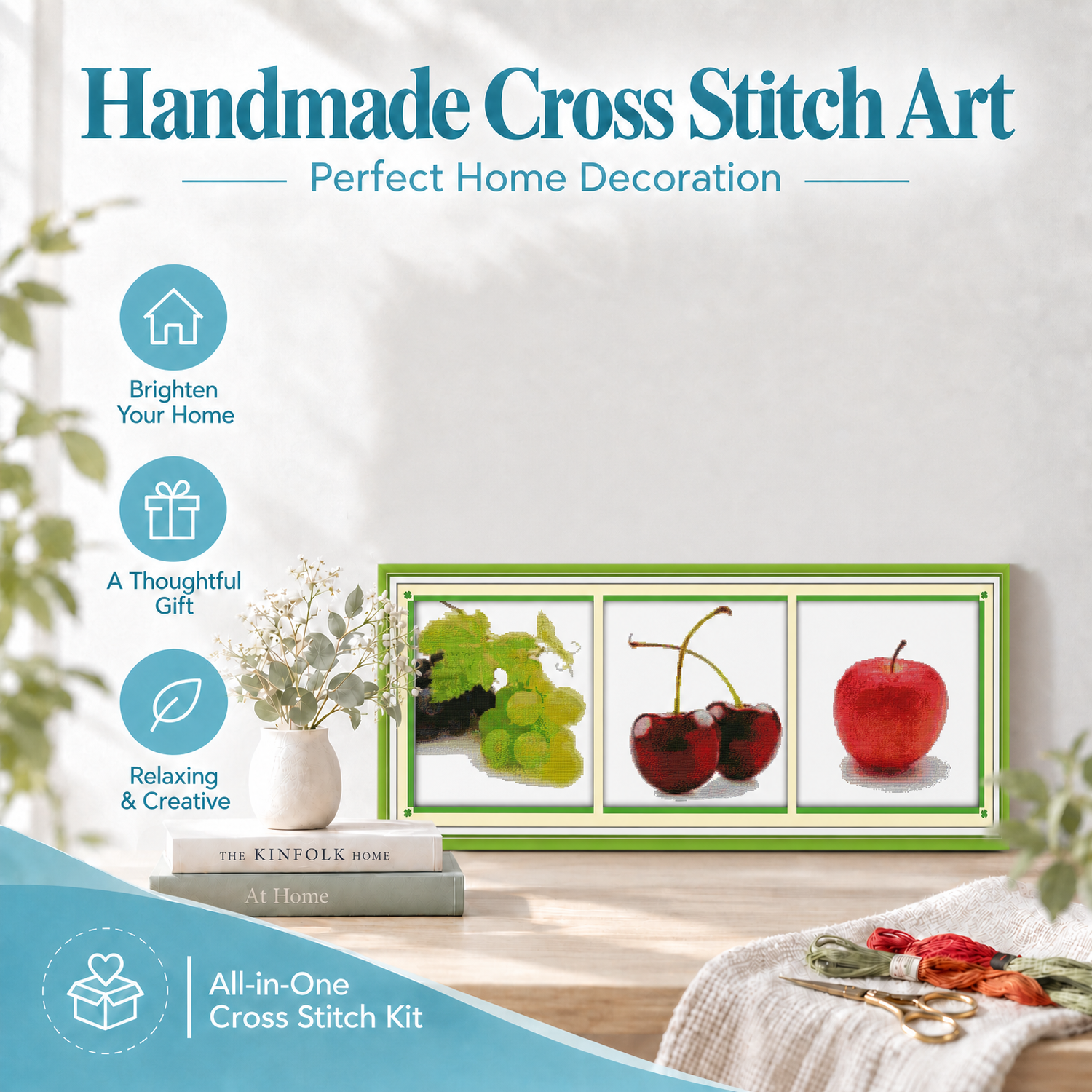 Fruits Still Life Cross Stitch Embroidery Kit, Handmade Table Scene Artwork, Lovely Craft Gift 8 1 359