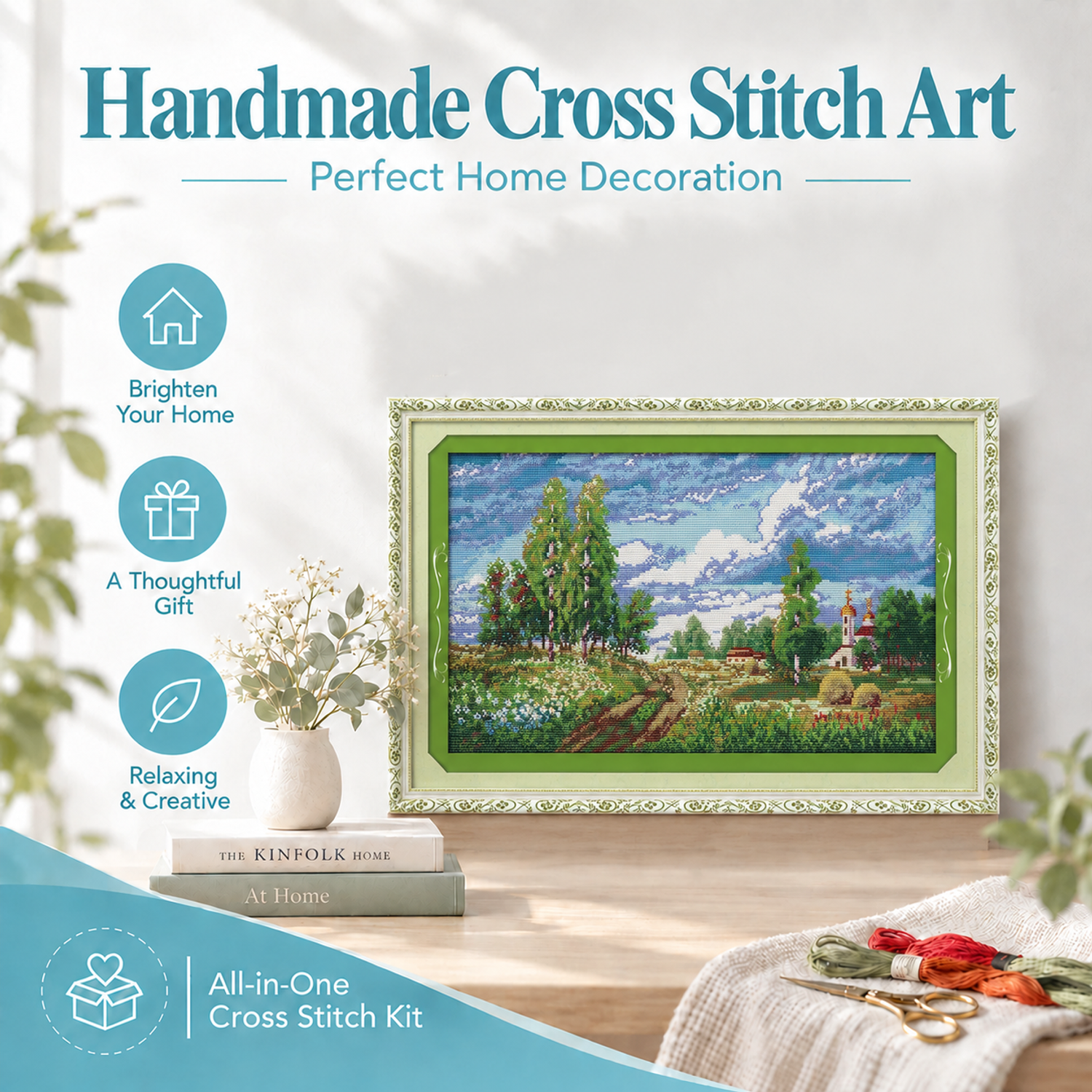 The spring field Scenery Cross Stitch Embroidery Kit, Handmade Nature Needlework Art, Home Wall Hanging 8 1 387