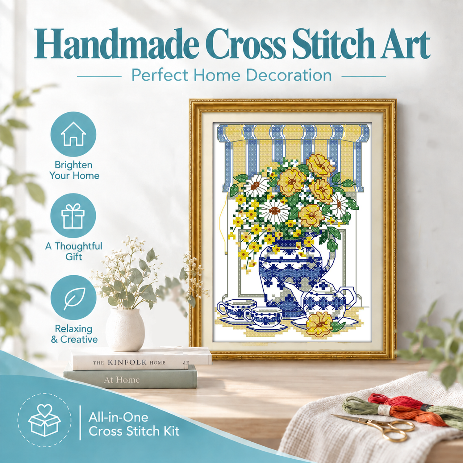 Afternoon tea time Stamped Still Life Cross Stitch Kit, Pre-Print Fabric, Easy Craft for New Adult Stitchers 7 1 41