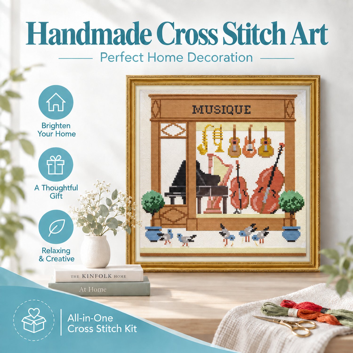 Musique Still Life Cross Stitch Art Kit, Premium Embroidery Supplies, Handmade Wall Decoration 7 1 44