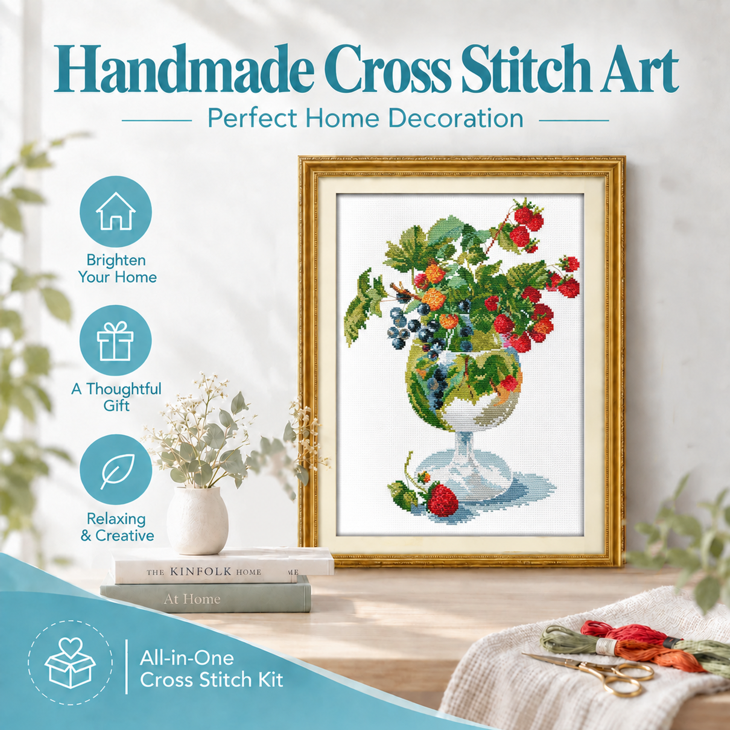 Strawberry and wine glass Cross Stitch Beginner Kit for Adults, Easy Handmade Home Wall Art 8 1 447