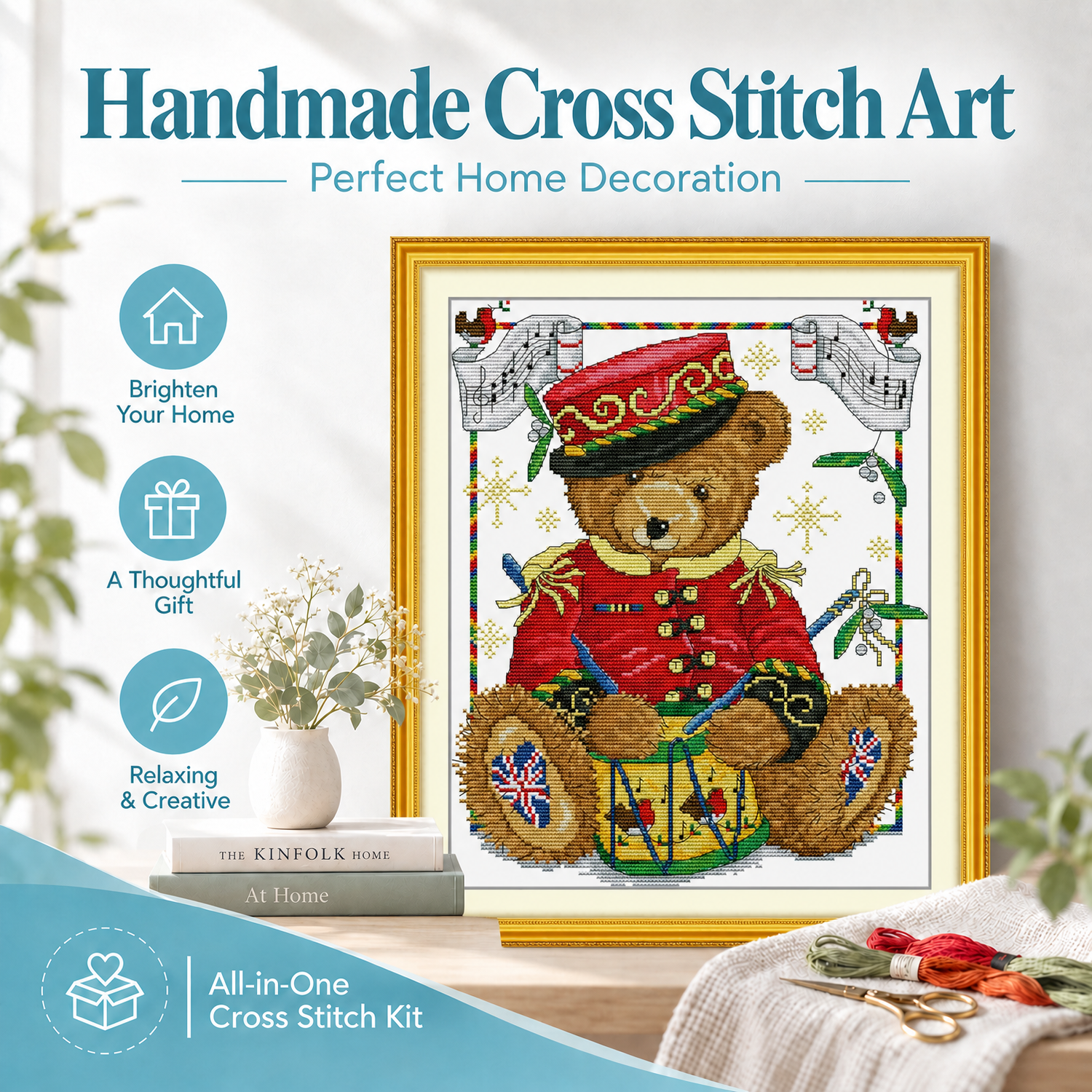 Christmas Drumming Bear Animal Needlework Cross Stitch Kit for Adults, Leisure DIY Activity, Bedroom Wall Decor 7 1 46