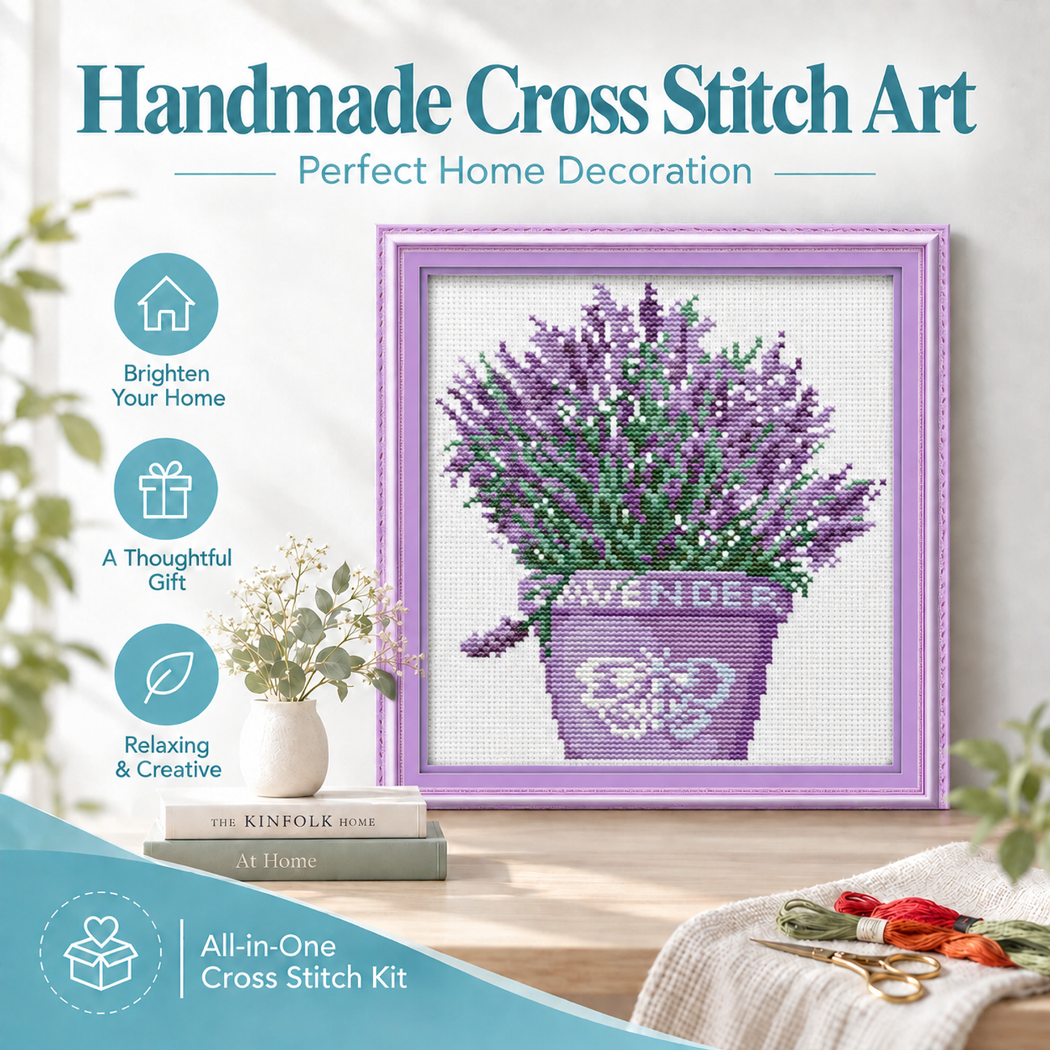 Lavender plants Vintage Still Life Cross Stitch Embroidery Kit, Timeless Table Object Pattern, Home Wall Art 7 1 53