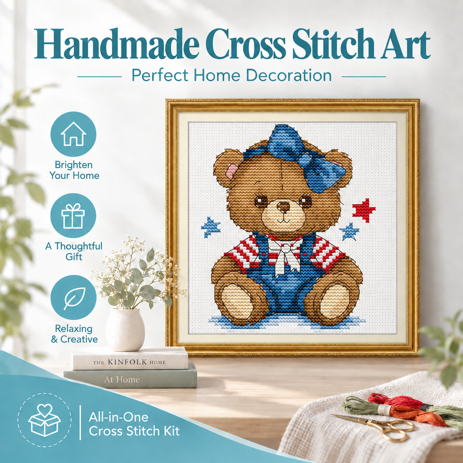 Bow-Tied Bear DIY Hand Stitch Animal Cross Stitch Kit, Charming Animal Pattern, Living Room Wall Art 7 1 57