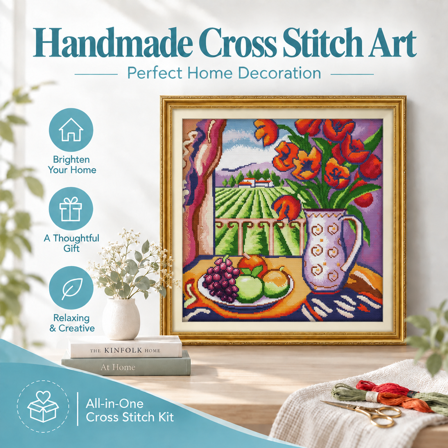The window view Beginner Friendly Still Life Cross Stitch Embroidery Kit, Simple Hand Stitch Wall Decor 7 1 60