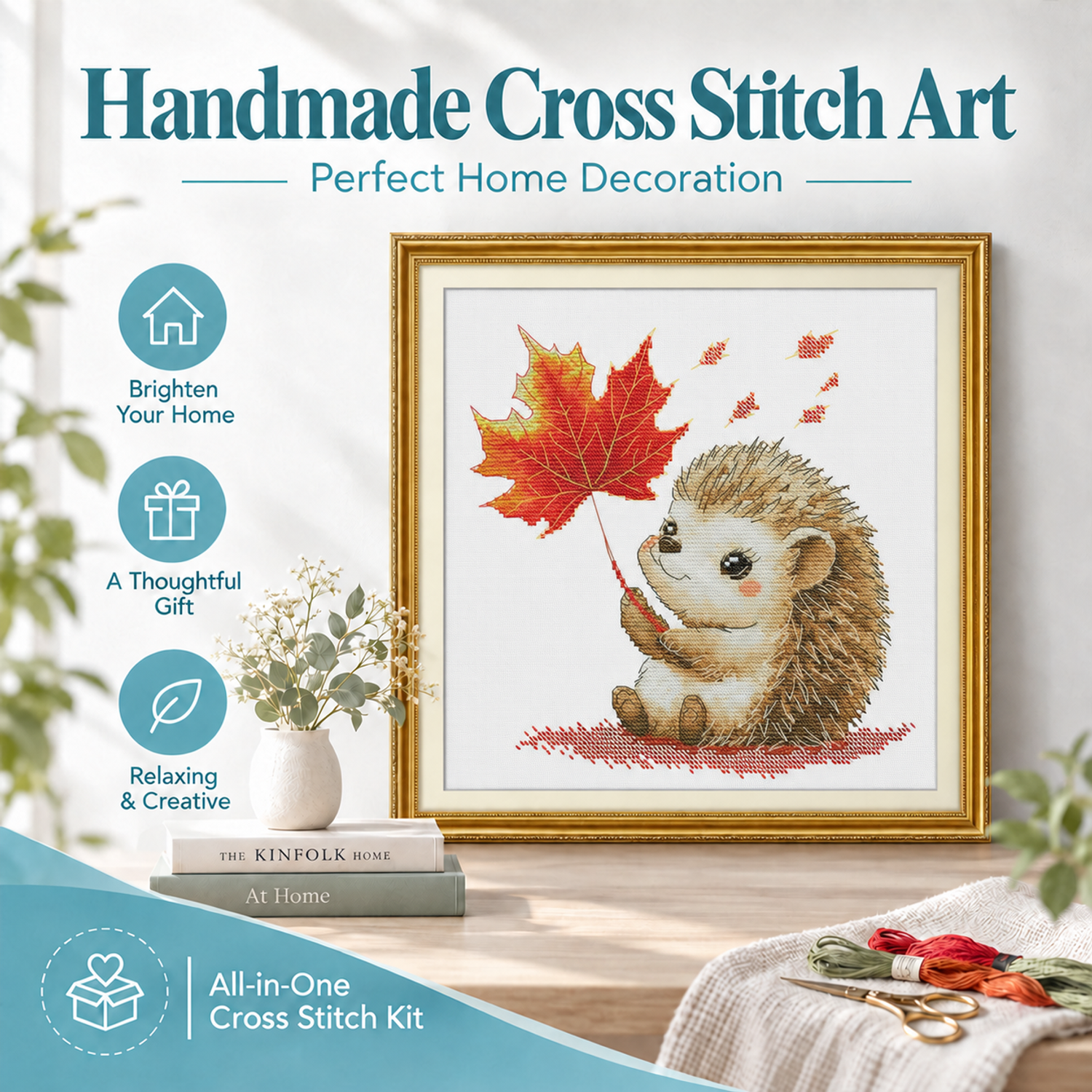 Red Maple Hedgehog Stamped Animal Cross Stitch Kit, Pre-Print Fabric, Easy Craft for New Adult Stitchers 7 1 61