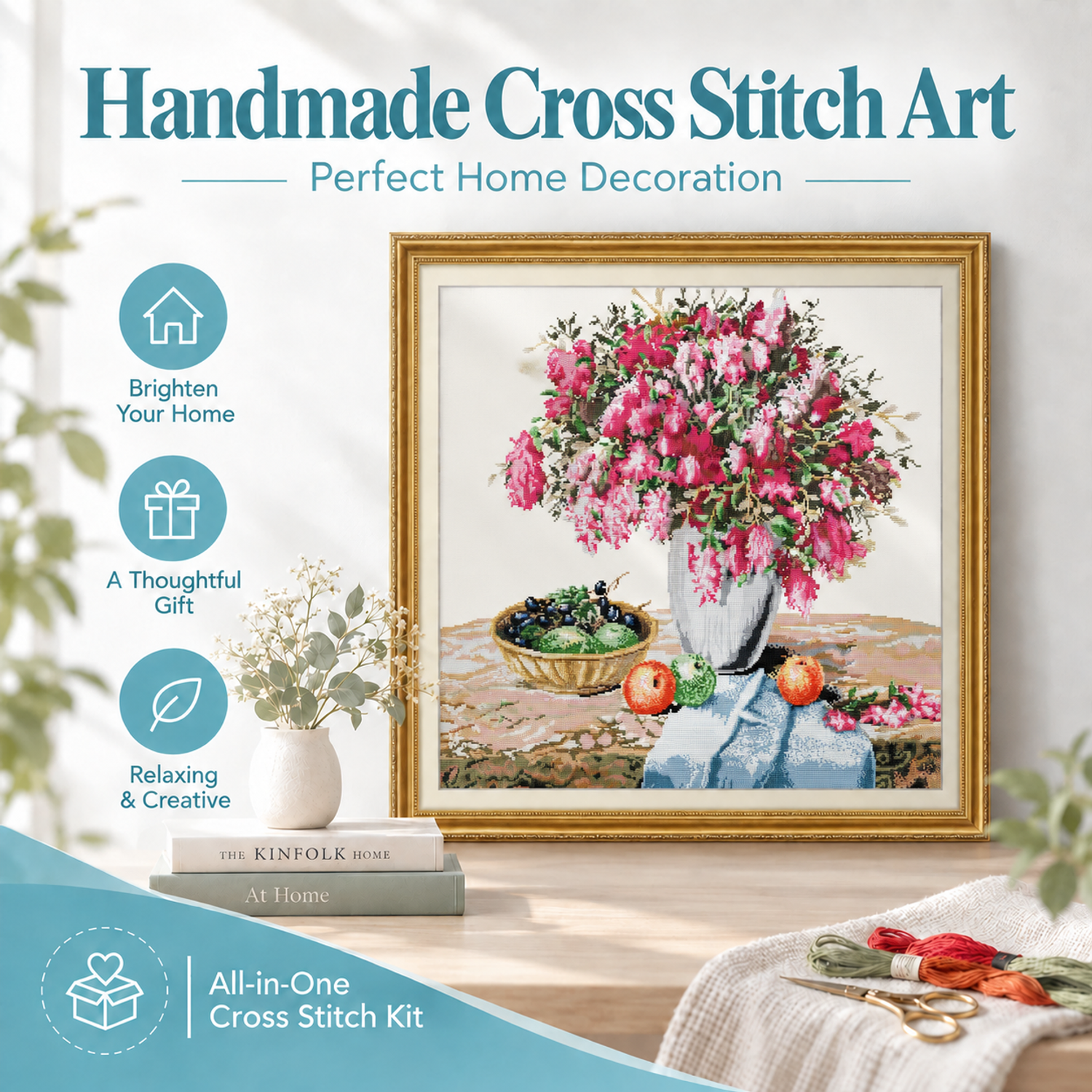 The azalea vase and fruit DIY Still Life Needlework Kit, Classic Object Still Life, Adult Leisure Craft Project 7 1 62