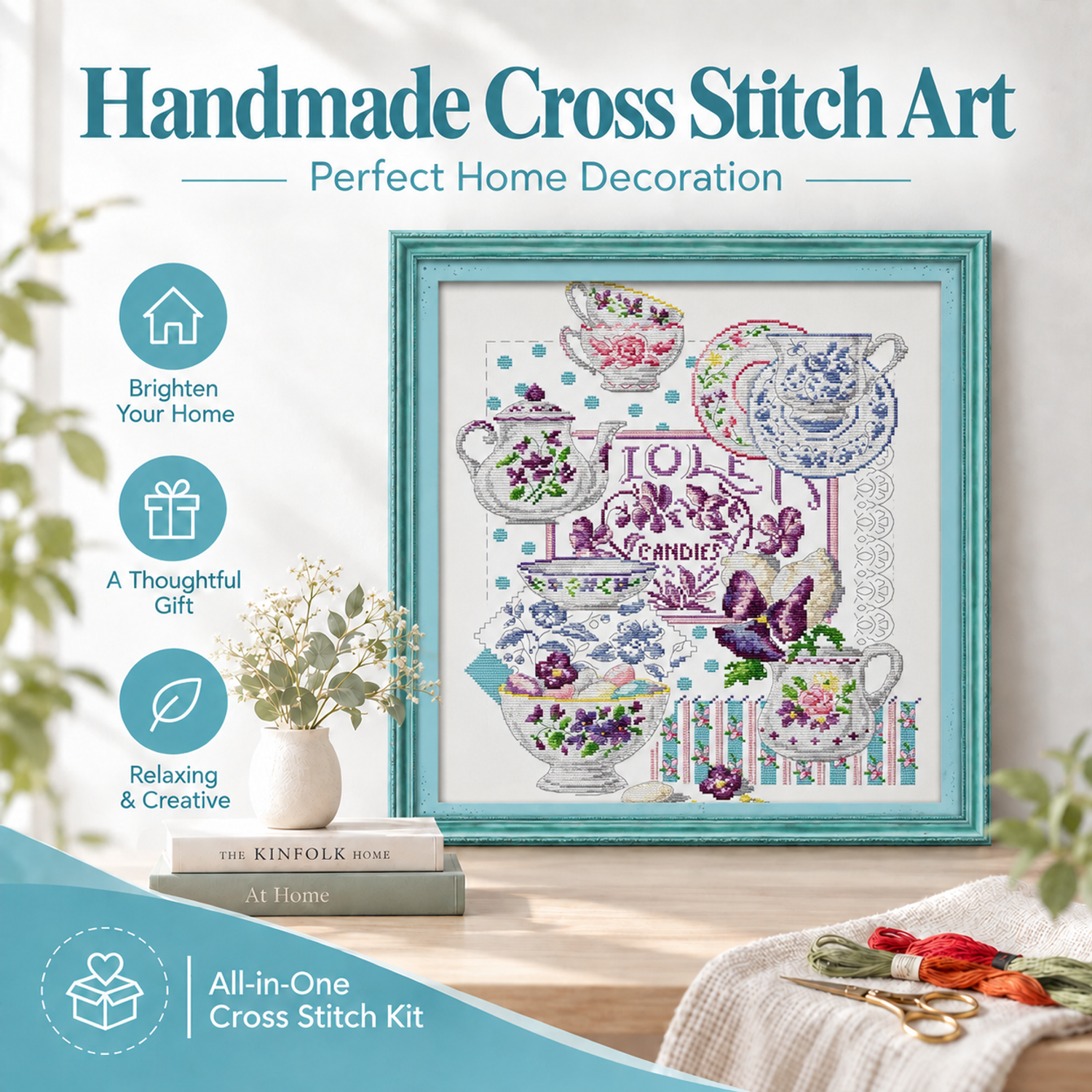 Cup tale Still Life Cross Stitch Embroidery Kit with Hoop Option, Handmade Table Scene Wall Art 7 1 63