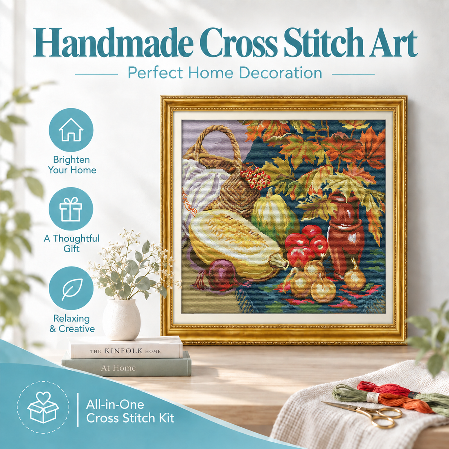Fruits and vegetables Soft Tone Still Life Cross Stitch Kit, Gentle Object Pattern, Adult Beginner Wall Decor 7 1 64