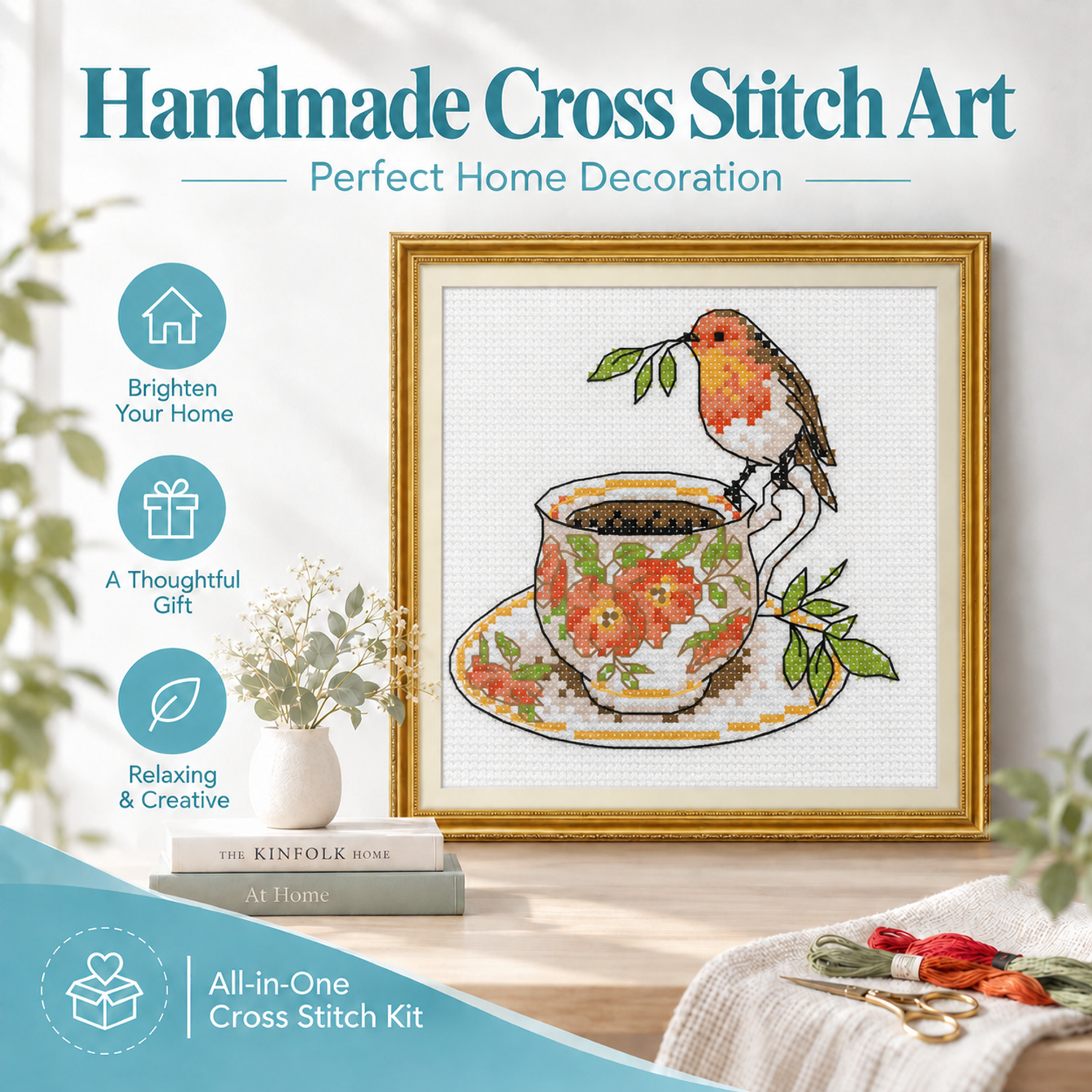 The Little Bird and the Teacup Animal Cross Stitch Art Kit, Premium Embroidery Supplies, Handmade Wall Decoration 7 1 66