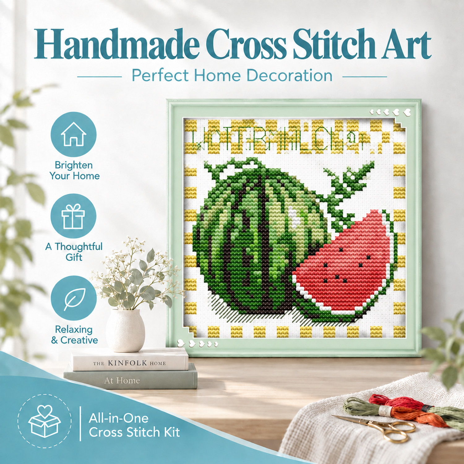 Watermelon Rustic Still Life Cross Stitch Starter Kit, Farmhouse Table Objects, Easy DIY Craft 7 1 67