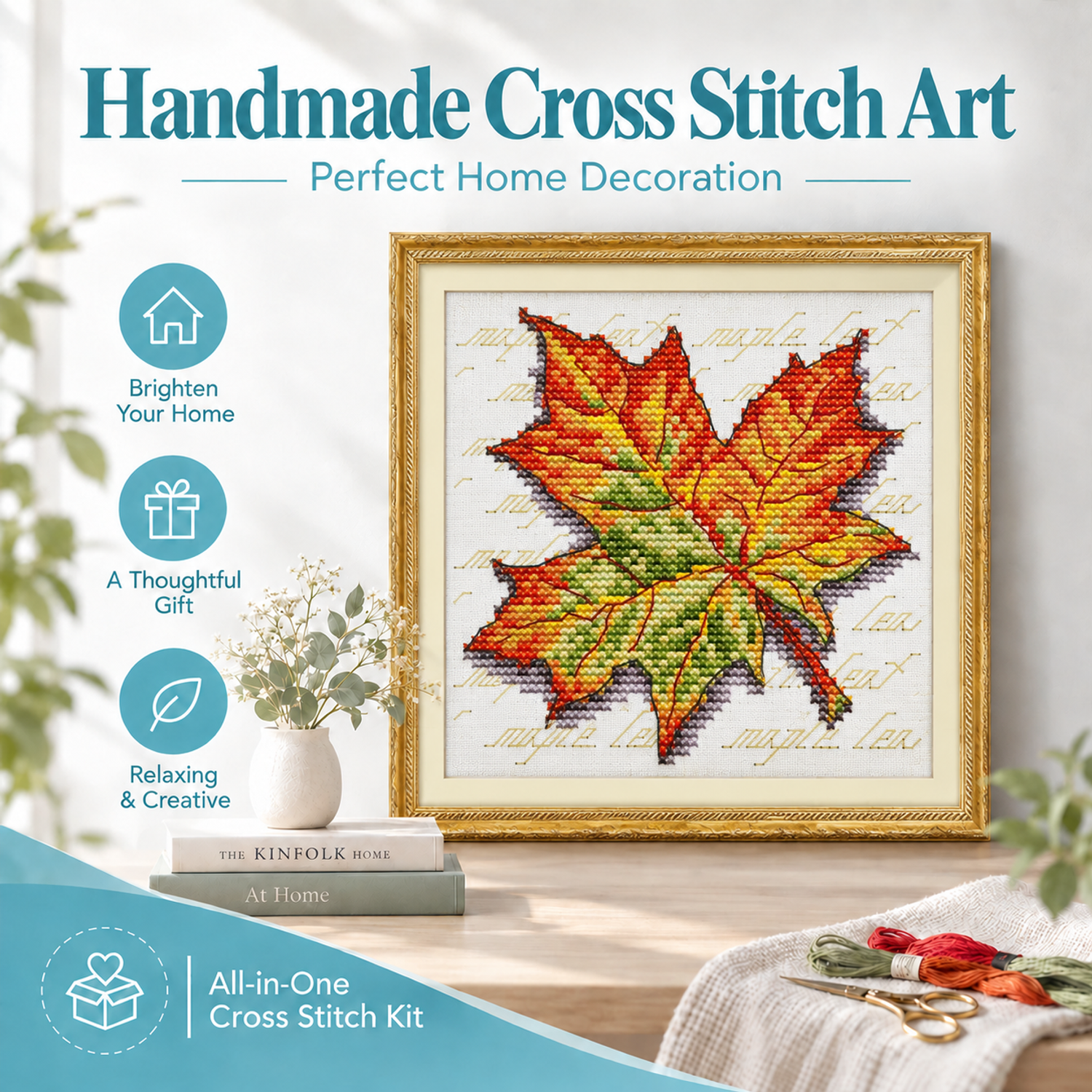 Maple leaf Hand Stitched Still Life Cross Stitch Embroidery Kit, Tabletop Scene, Adult Wall Decor 9 1 69