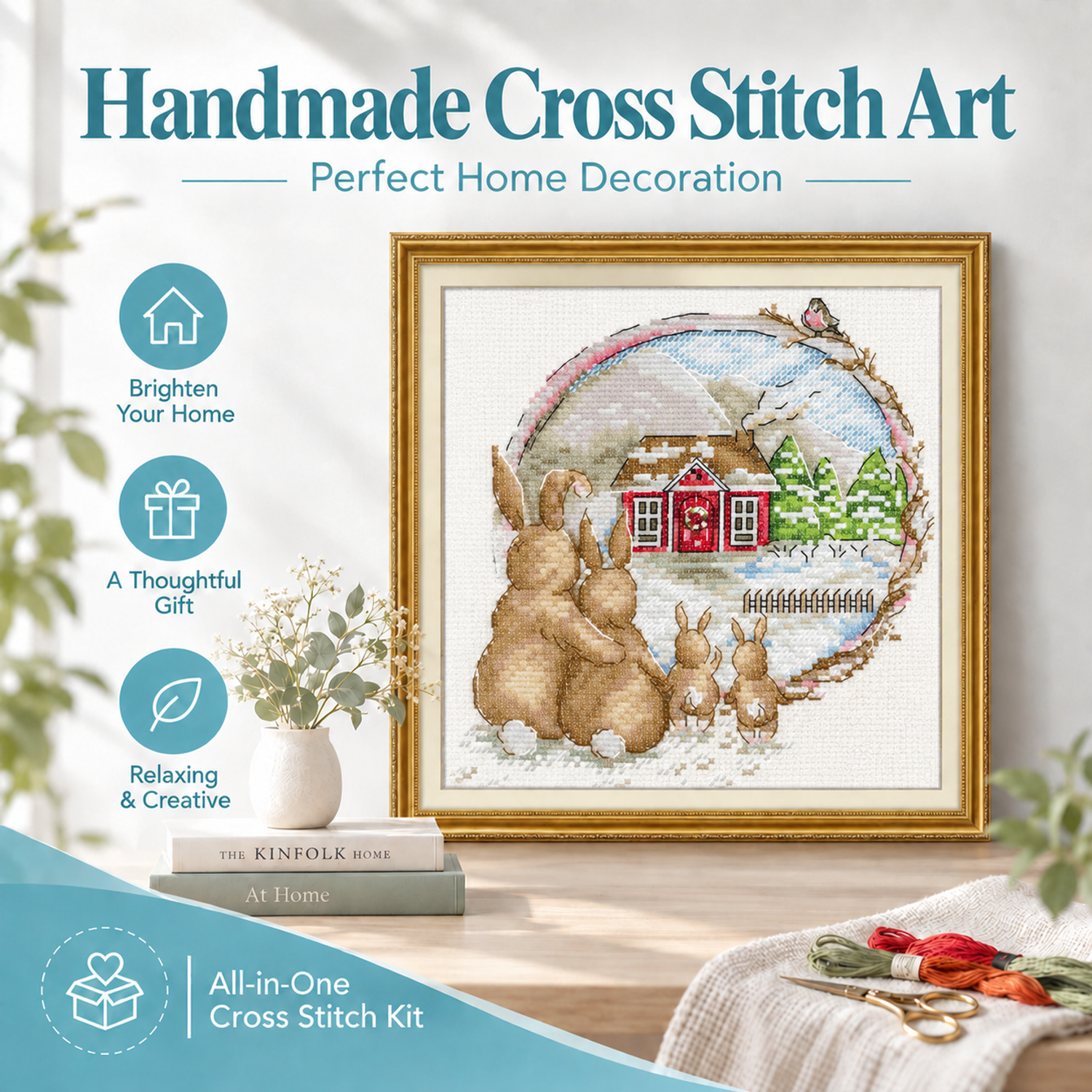 The Little Rabbit Family Simple Animal Cross Stitch Starter Kit for Adults, Creative DIY Hobby, Wall Art Gift 7 1 70