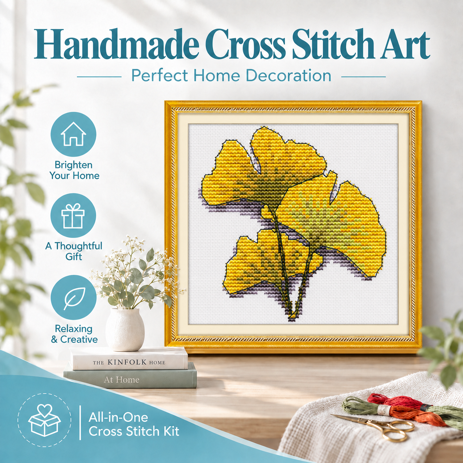 Ginkgo leaf Still Life Cross Stitch Embroidery Kit, Complete Craft Pack, All Supplies Included 7 1 71