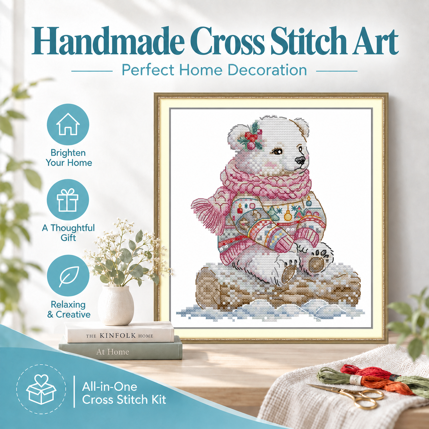 Scarf Bear Full Set Animal Cross Stitch Embroidery Kit, Step-by-Step Guide Included, Home Decor 7 1 72