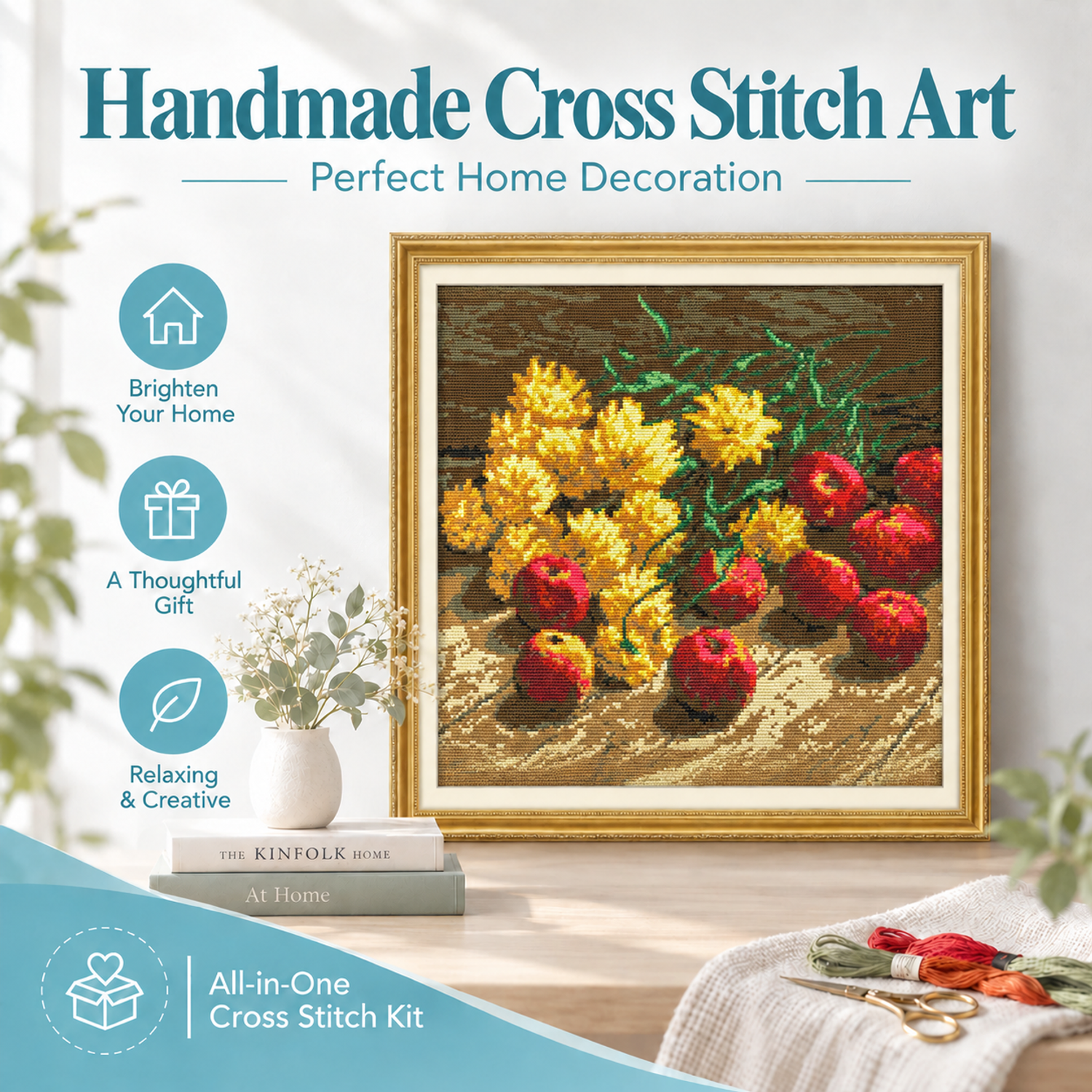 Flowers and apples Minimalist Still Life Cross Stitch Kit, Simple Table Object Design, Home Wall Decoration 7 1 73