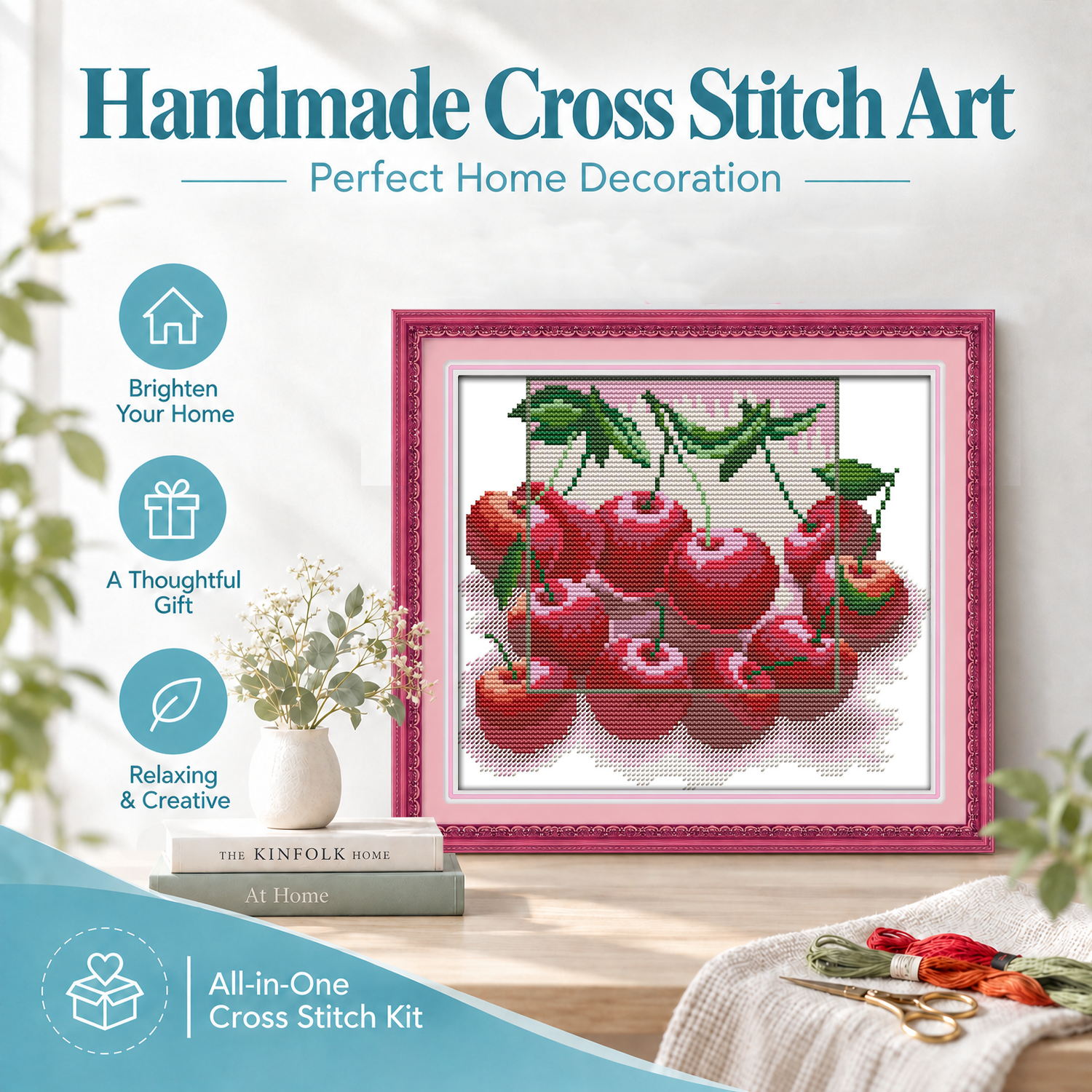 Red Cherry Still Life Cross Stitch Embroidery Kit, Perfect Handmade Gift for Adult Crafters 7 1 74
