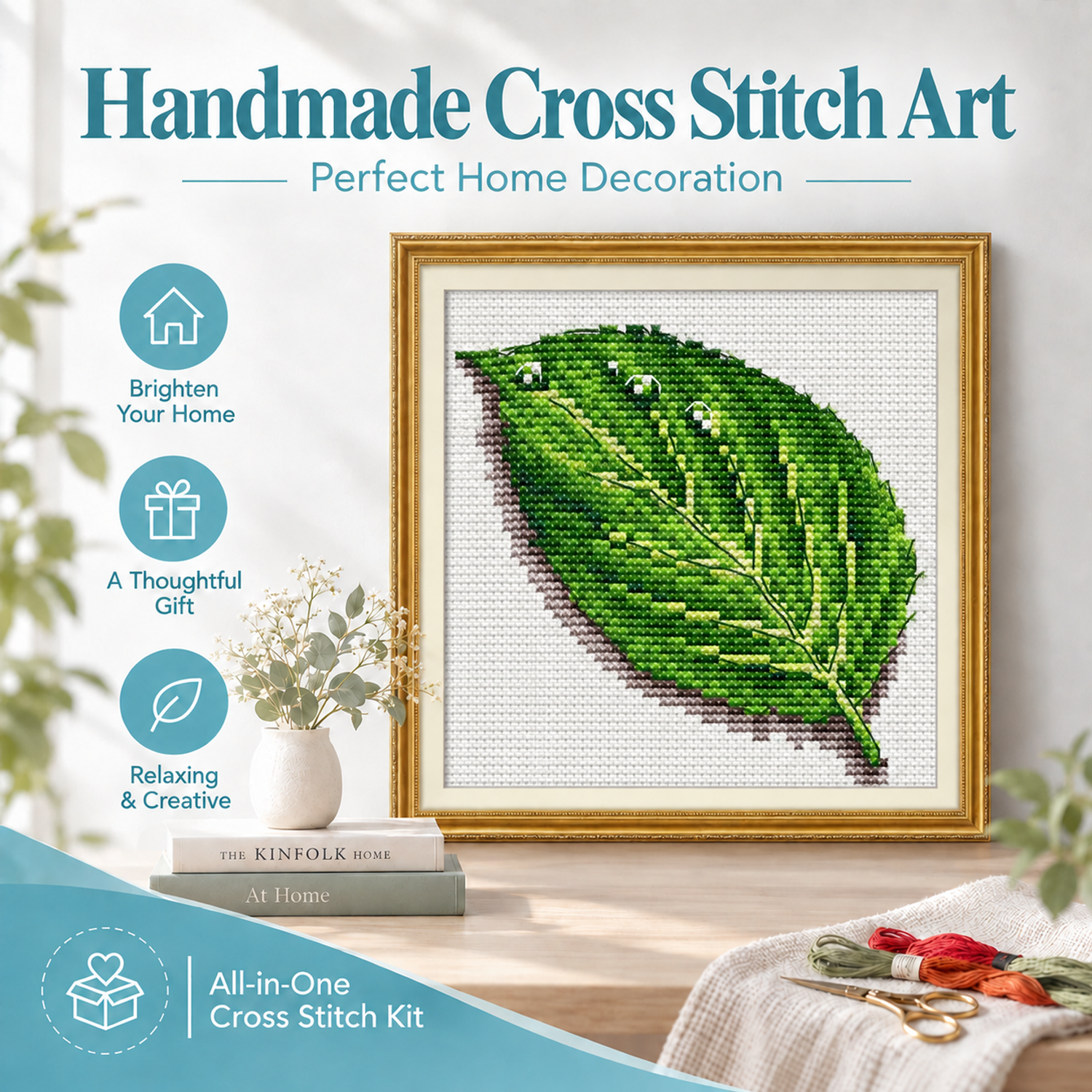 Leaf Still Life Cross Stitch Embroidery Kit, DIY Table Scene Art, Stress Reducing Handwork 7 1 77