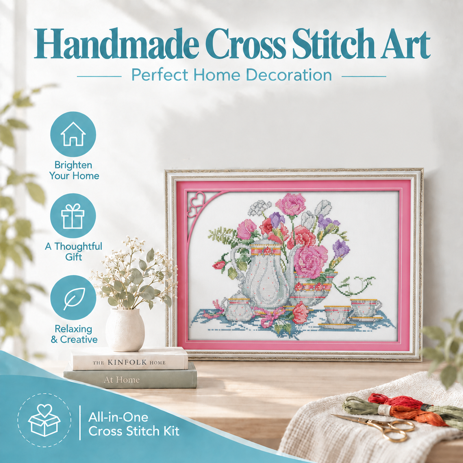 Pink rose table Pre-Sorted Thread Still Life Cross Stitch Kit, Easy for Adult First Time Stitchers 8 1 78