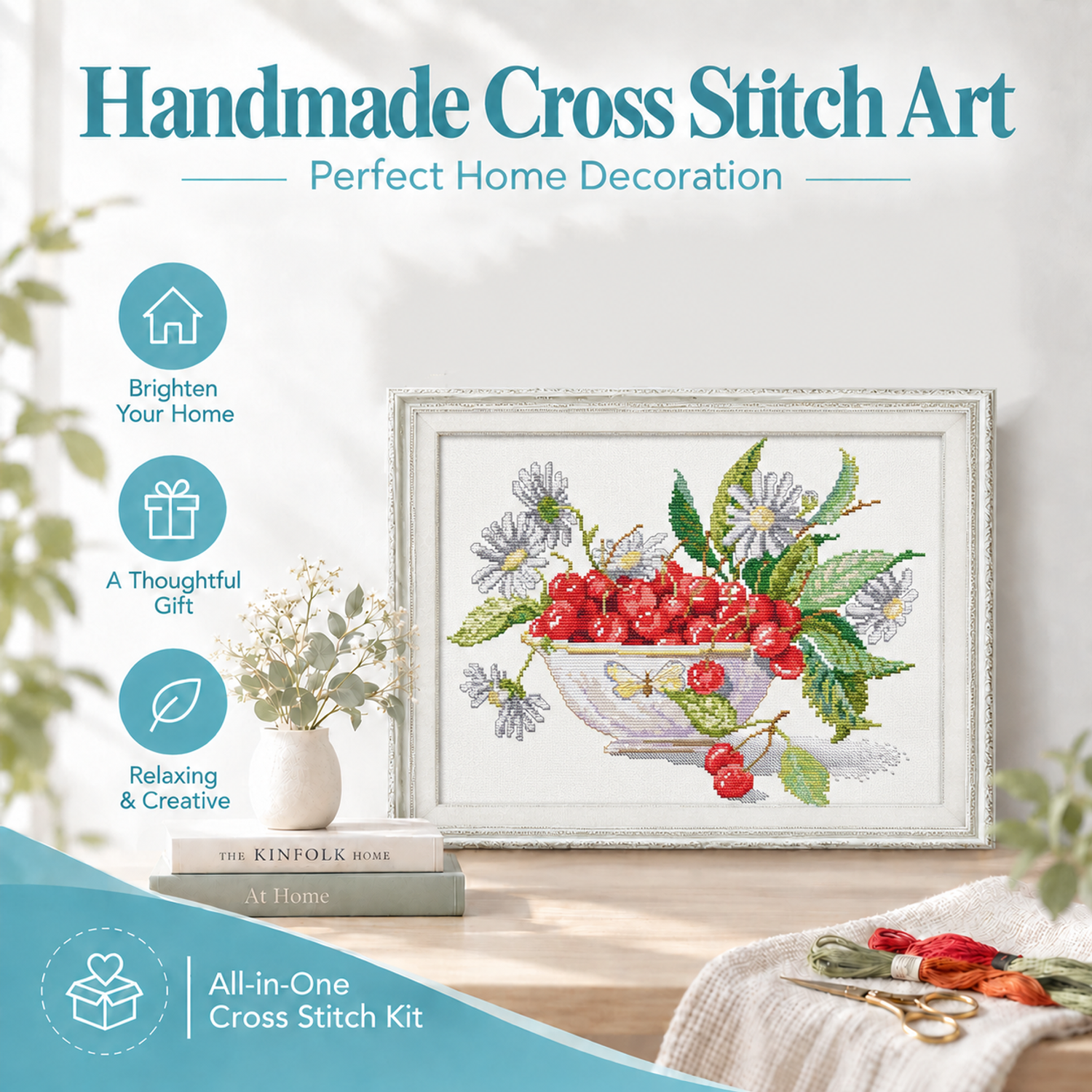 Cherry fruit bowl Still Life Cross Stitch Embroidery Kit, Table Objects Artwork, Bedroom Wall Hanging Decor 8 1 79