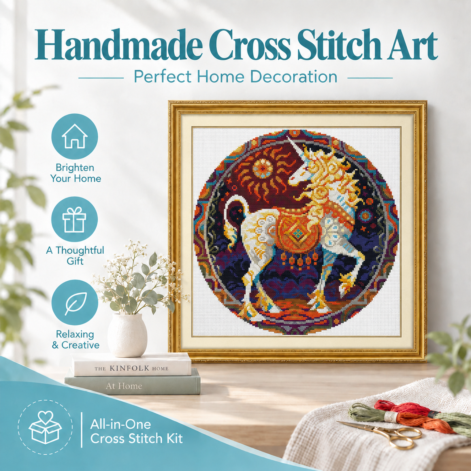 Circular Animals – Unicorn Beginner Friendly Animal Cross Stitch Embroidery Kit, Simple Hand Stitch Wall Decor 7 1 82
