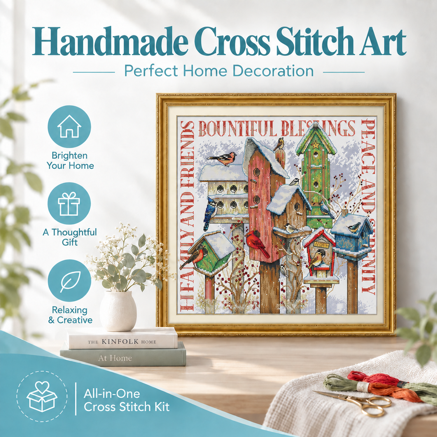 Winter Bird's Nest Animal Cross Stitch Embroidery Kit with Hoop Option, Handmade Animal Scene Wall Art 7 1 84