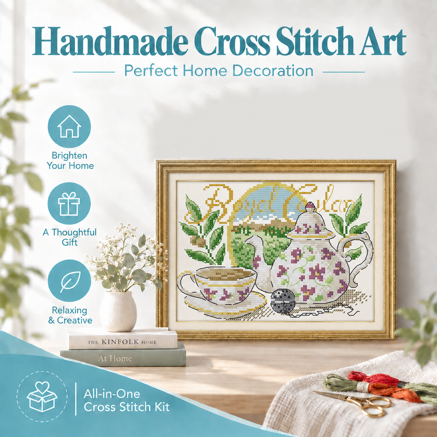 The tea artistic conception Warm Tone Still Life Cross Stitch Embroidery Kit, Cozy Table Scene, Adult Craft Kit 8 1 86