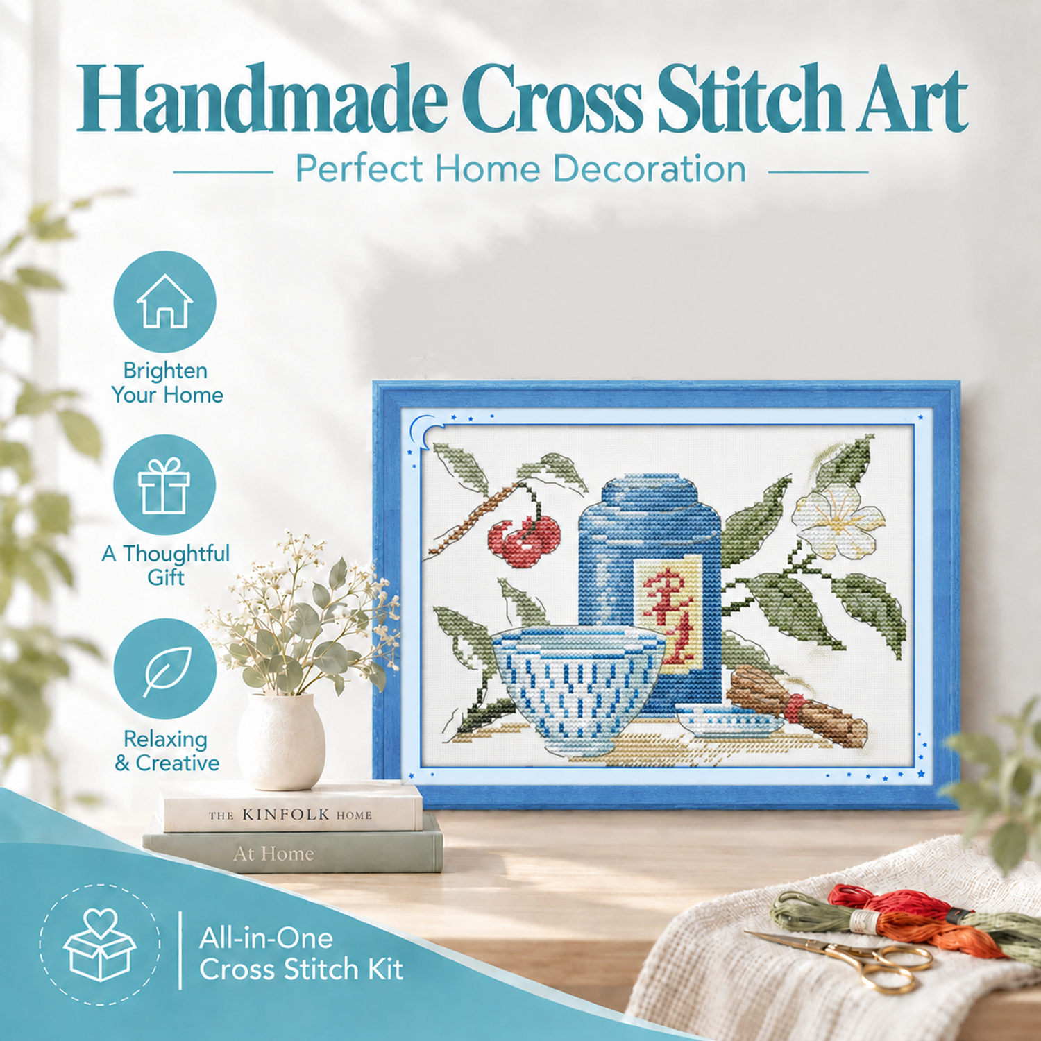 The tea artistic conception Still Life Cross Stitch Embroidery Kit, Creative Handmade Project, Tabletop Art Decor 8 1 88
