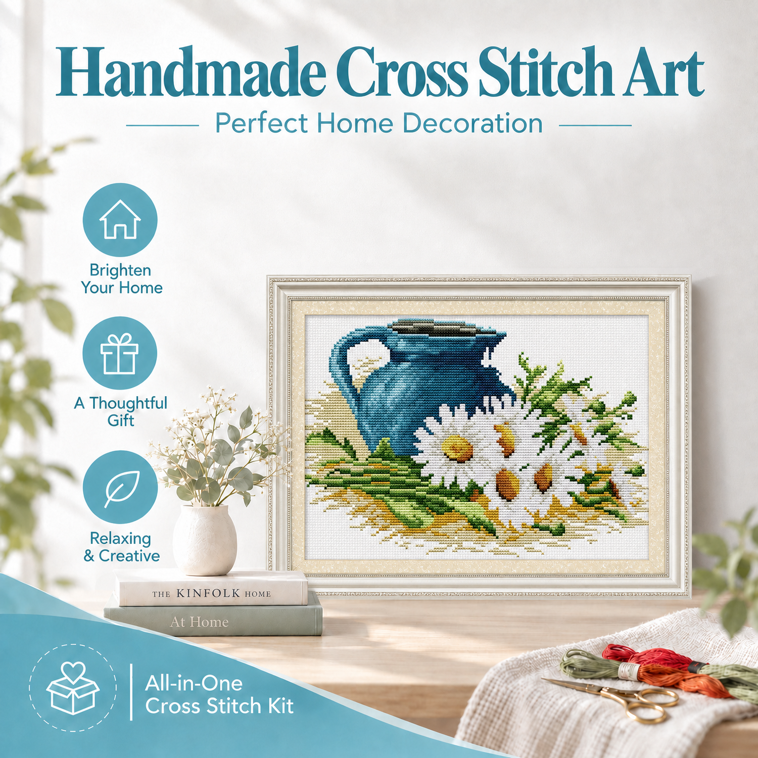 The pottery and daisy Simple Table Still Life Cross Stitch Kit, Easy Stitch Pattern, Home Wall Art Decoration 8 1 92