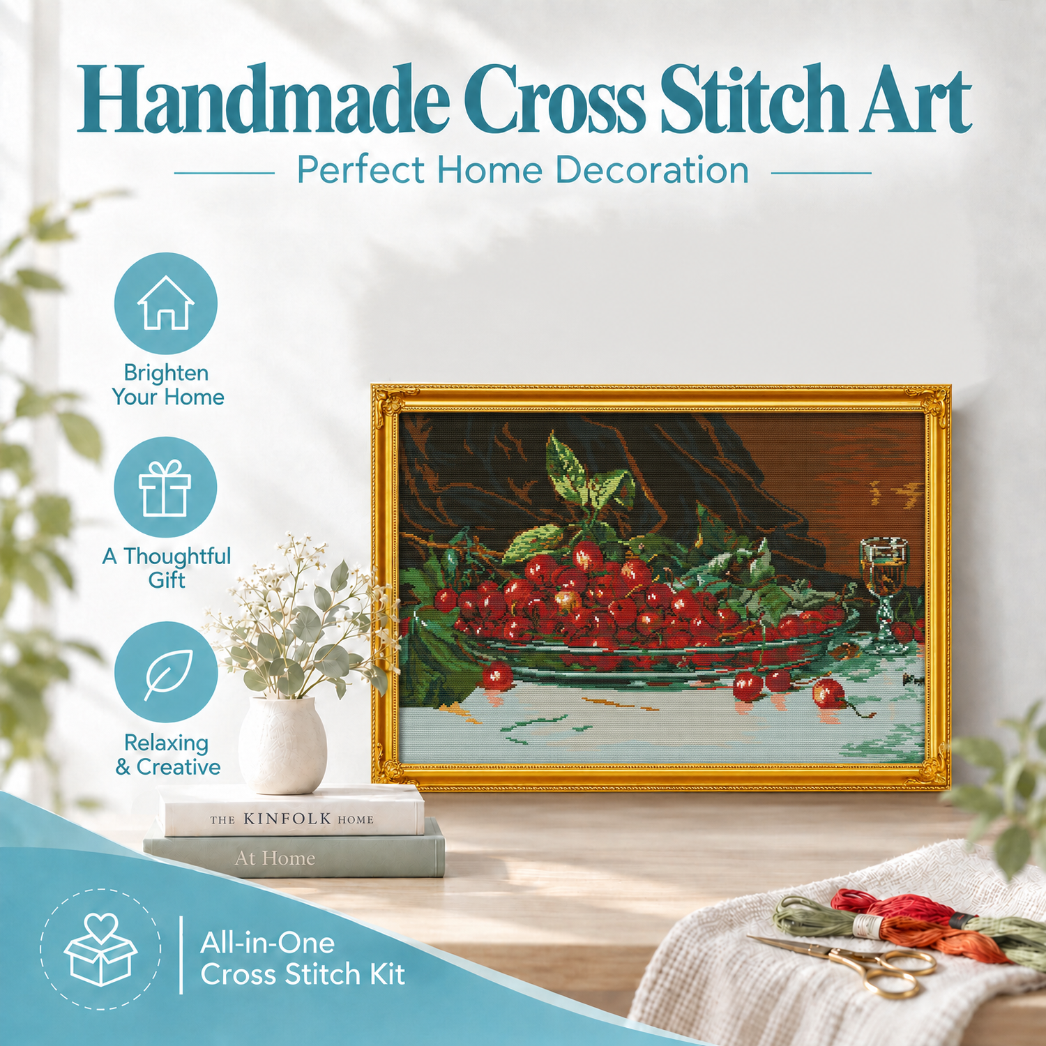 Oil painting cherries Still Life Cross Stitch Embroidery Kit, Complete Needle & Thread Set, New Stitchers 8 1 93
