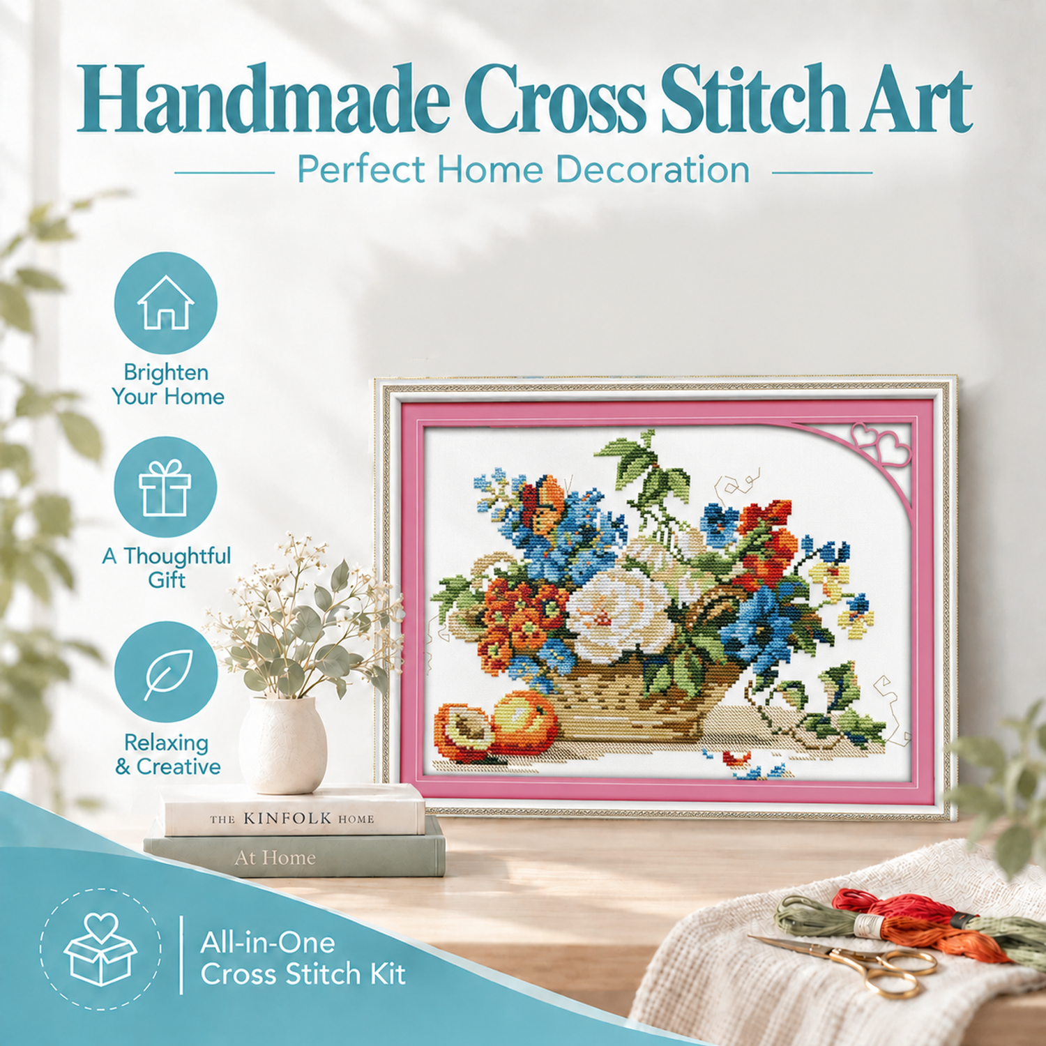 Fruit and flower basket Artistic Still Life Cross Stitch Kit, Table Object Arrangement, Adult Wall Decor 8 1 94
