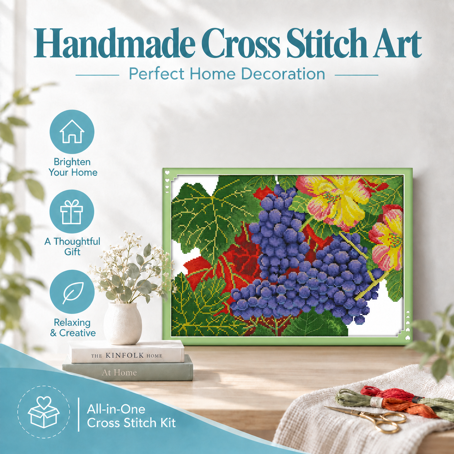 The Grape is Ripe Still Life Cross Stitch Embroidery Kit, Handcrafted Still Life Art, Great Craft Gift 8 1 95