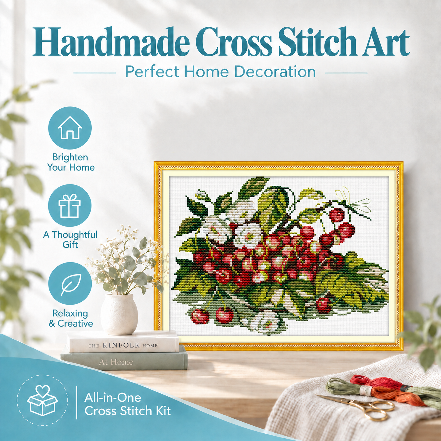 Cherry fruit tray Beginner Still Life Cross Stitch Kit, Uncomplicated Table Scene, DIY Home Wall Art 8 1 96