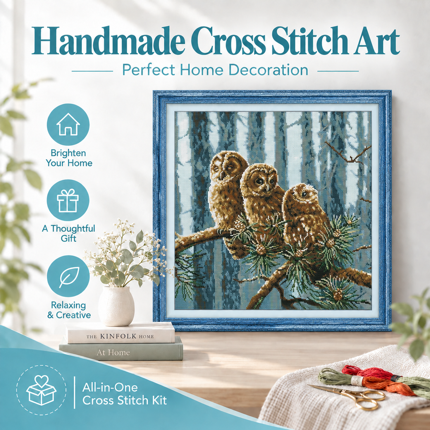 A family of owls Animal Cross Stitch Embroidery Kit, Relaxing Pastime, Lovely Home Wall Hanging Art 7 1 97