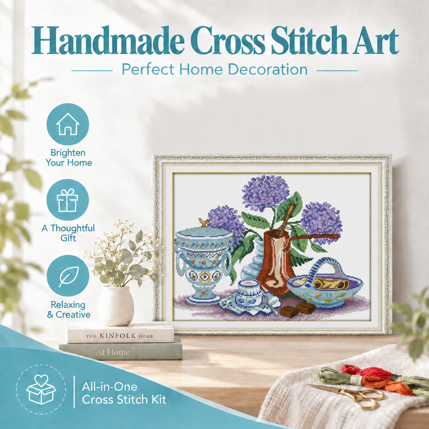 Hydrangeas vases and plates Still Life Cross Stitch Embroidery Kit, Leisure Hand Stitch Craft, Interior Wall Decor 8 1 98