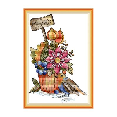 Bird and bouquet Warm Tone Wildlife Animal Cross Stitch Embroidery Kit, Cozy Creature Scene, Adult Craft