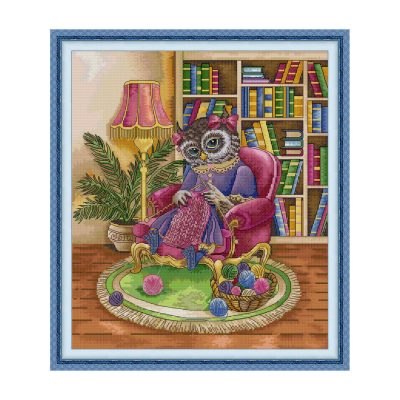 The Owl Who Loves to Knit Simple Animal Portrait Cross Stitch Kit, Easy Stitch Pattern, Home Wall Art Decoration