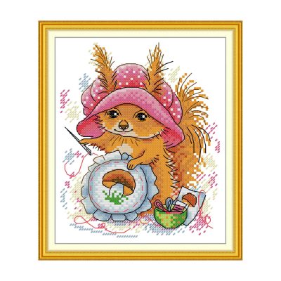 The Squirrel Who Loves to Embroider Warm Tone Animal Cross Stitch Embroidery Kit, Cozy Creature Scene, Adult Craft Kit