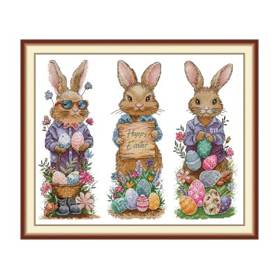 Three little rabbits at Easter Traditional Wildlife Cross Stitch Kit, Timeless Classic Animal Pattern, Living Room Wall Art