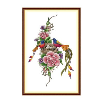 A Happy Family - Rose Bird's Nest Animal Cross Stitch Embroidery Kit, DIY Wildlife Art Making Supplies for Adult Crafters