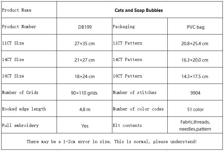 Cats and Soap Bubbles Wildlife Cross Stitch Embroidery Starter Kit, Simple Animal Pattern, Handmade Home Wall Decoration 10 DB199 参数图