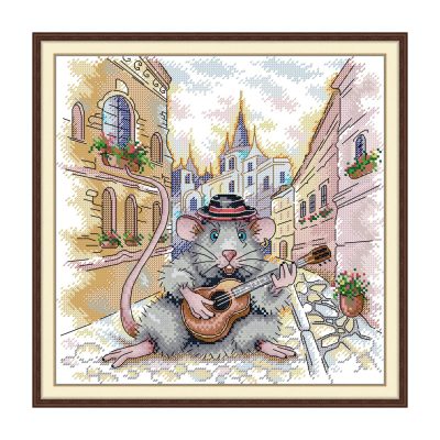 The Little Mouse That Plays the Guitar Cute Animal Cross Stitch Embroidery Kit, Lovely Creature Pattern, DIY Handmade Art for Home Wall