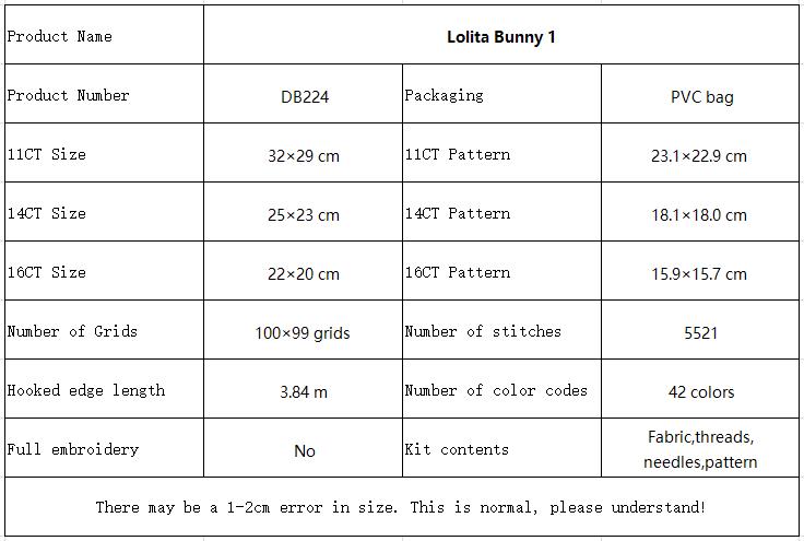 Lolita Bunny 1 Complete Animal Cross Stitch Embroidery Set, Threads & Needles Included, Adult Craft Project 10 DB224 参数图