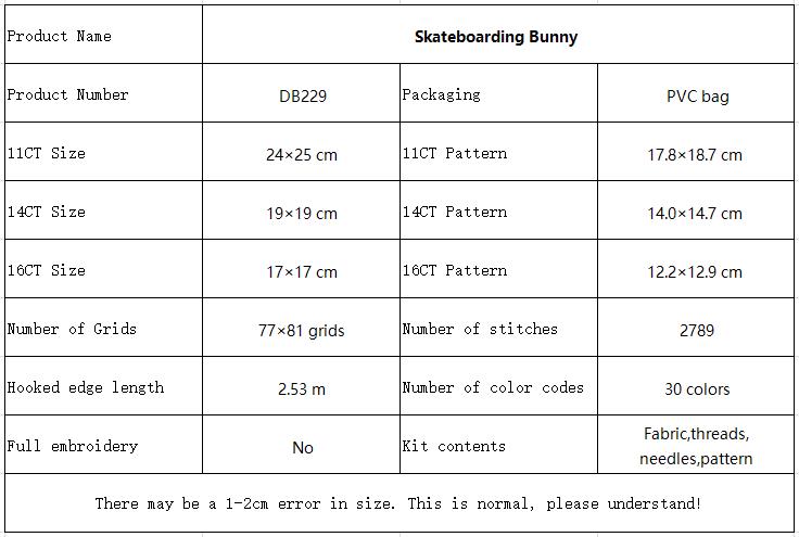 Skateboarding Bunny Handmade Animal Cross Stitch Kit, Timeless Animal Design, Great Gift for Craft Lovers 10 DB229 参数图