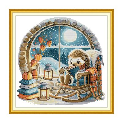 Hedgehog - Reading Soft Tone Animal Cross Stitch Kit, Gentle Creature Pattern, Adult Beginner Wall Decor